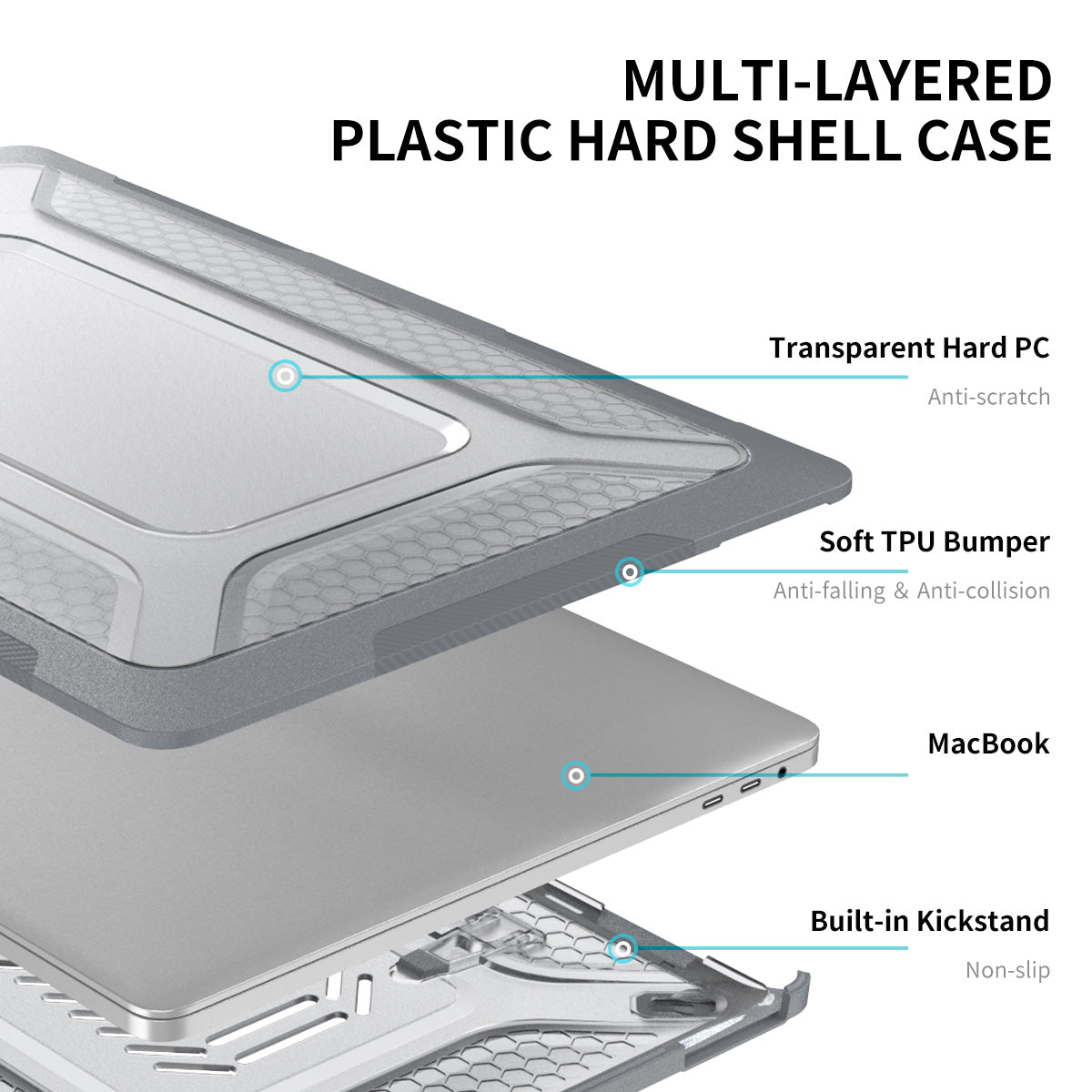 3-in-1 Anti-Scratch Kickstand Cover for MacBook Pro 16 inch (2019) A2141 (US Version), Hard PC Laptop Shell with TPU Keyboard Film + Anti-Dust Plugs - Blue