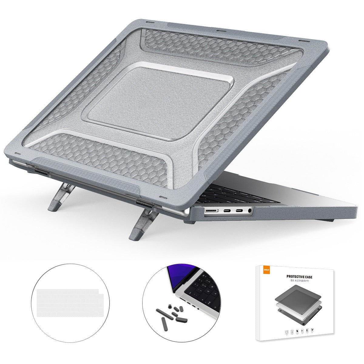 for MacBook Pro 14 inch (2021) A2442 (EU Version) Hard PC Shockproof Laptop Shell Fold Kickstand Protective Cover with TPU Keyboard Film + Anti-Dust Plugs - Grey