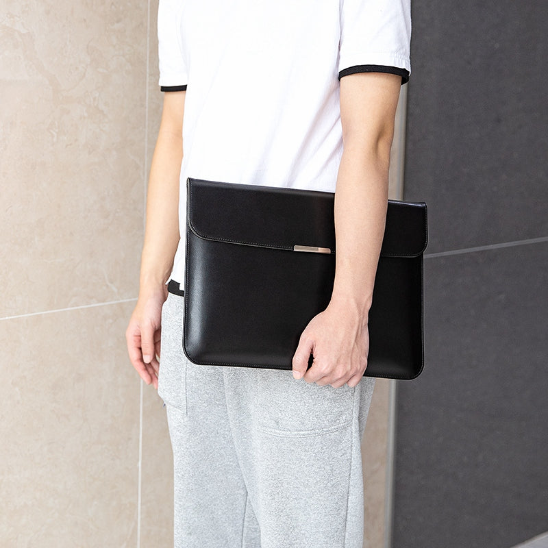 For 13-14 Inch Laptop PU Leather Carrying Bag Magnetic Closure Horizontal Notebook Sleeve - Black
