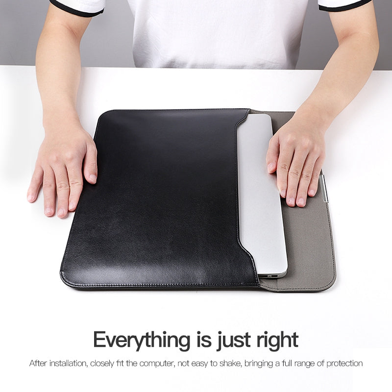 For 13-14 Inch Laptop PU Leather Carrying Bag Magnetic Closure Horizontal Notebook Sleeve - Brown