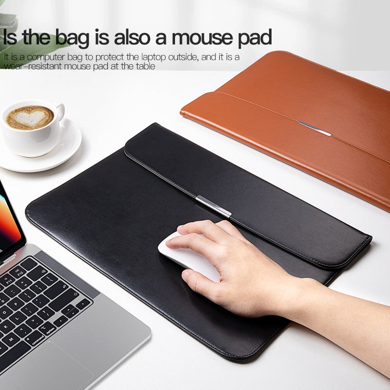 For 13-14 Inch Laptop PU Leather Carrying Bag Magnetic Closure Horizontal Notebook Sleeve - Brown