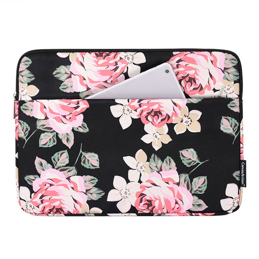 Rose Pattern Printed Anti-Drop Sleeve Bag for 11-inch Laptops Portable Carrying Case Shockproof Storage Bag with Outer Pouch - Black
