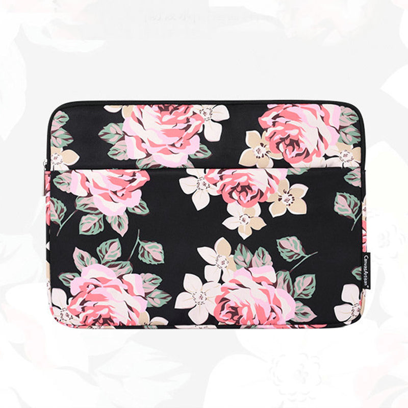 Rose Pattern Printed Anti-Drop Sleeve Bag for 11-inch Laptops Portable Carrying Case Shockproof Storage Bag with Outer Pouch - Black