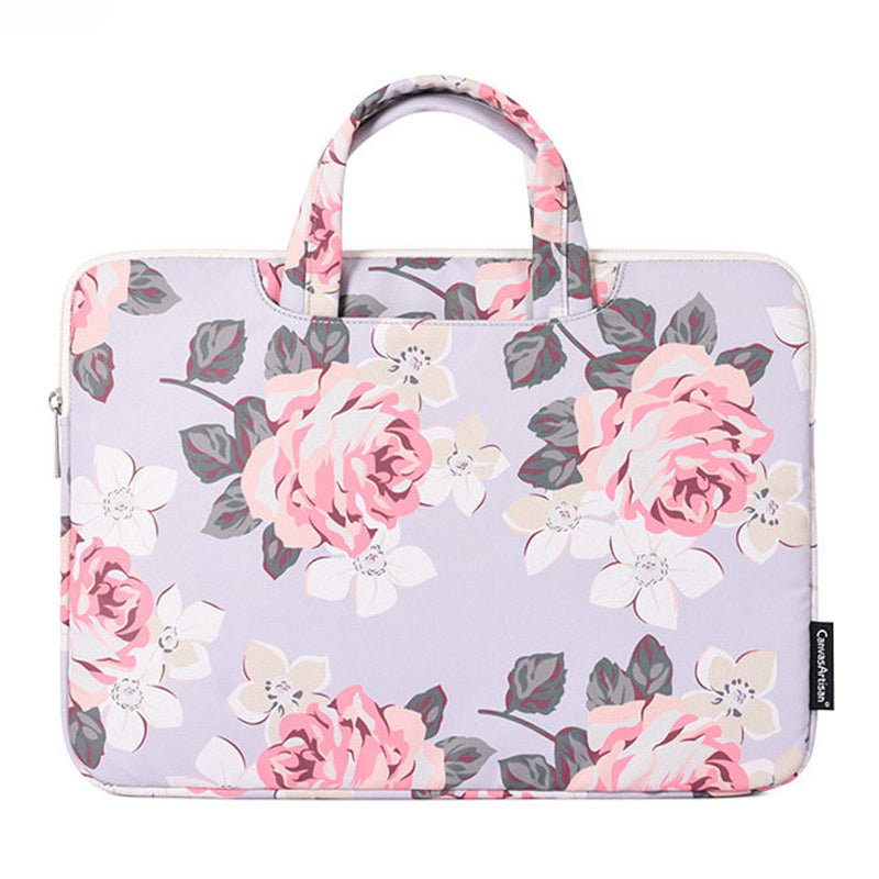 15-inch Portable Handle Laptop Case Rose Pattern Printed Polyester Water Repellent Bag Tablet Notebook Shockproof Case with Outer Pouch - Grey