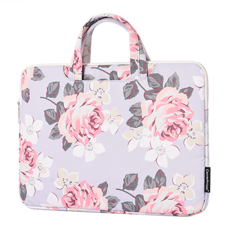 15-inch Portable Handle Laptop Case Rose Pattern Printed Polyester Water Repellent Bag Tablet Notebook Shockproof Case with Outer Pouch - Grey