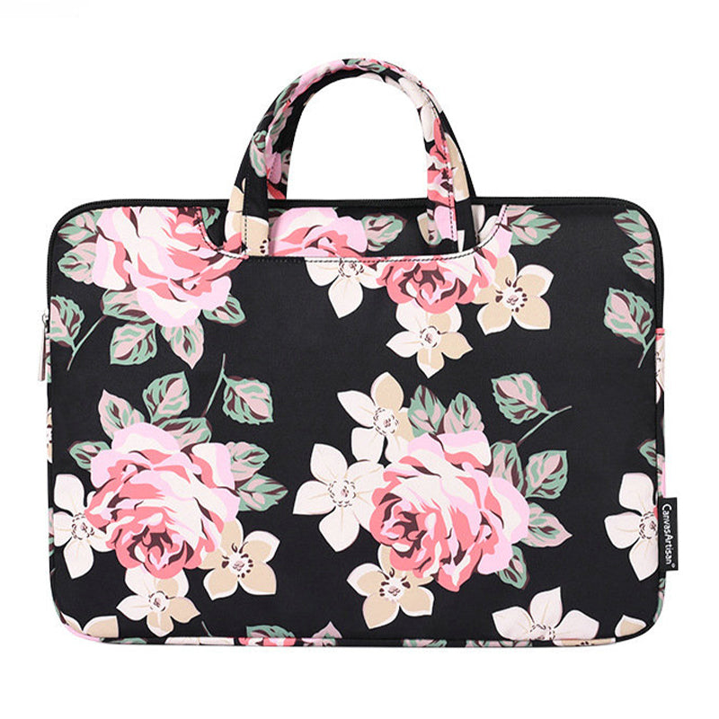 15-inch Portable Handle Laptop Case Rose Pattern Printed Polyester Water Repellent Bag Tablet Notebook Shockproof Case with Outer Pouch - Black