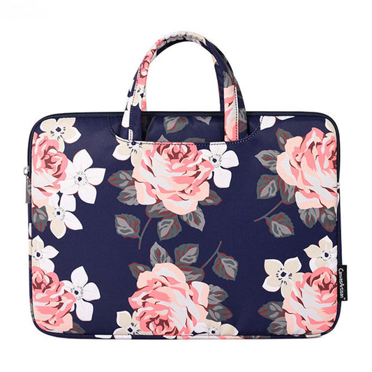 15-inch Portable Handle Laptop Case Rose Pattern Printed Polyester Water Repellent Bag Tablet Notebook Shockproof Case with Outer Pouch - Blue
