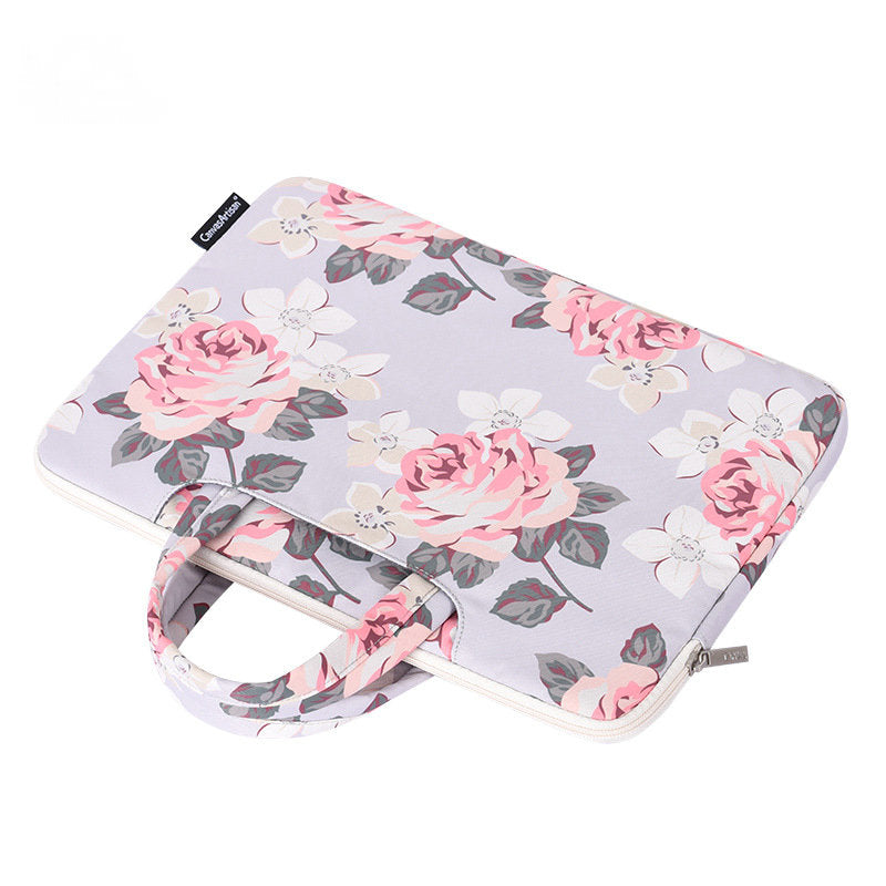 15-inch Portable Handle Laptop Case Rose Pattern Printed Polyester Water Repellent Bag Tablet Notebook Shockproof Case with Outer Pouch - Blue