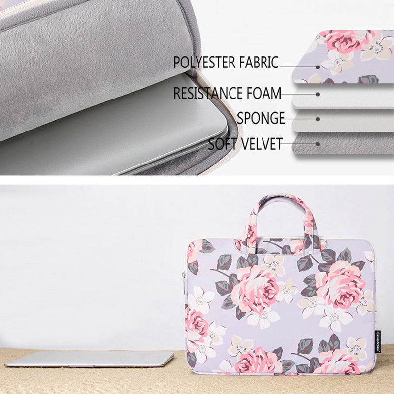 15-inch Portable Handle Laptop Case Rose Pattern Printed Polyester Water Repellent Bag Tablet Notebook Shockproof Case with Outer Pouch - Blue