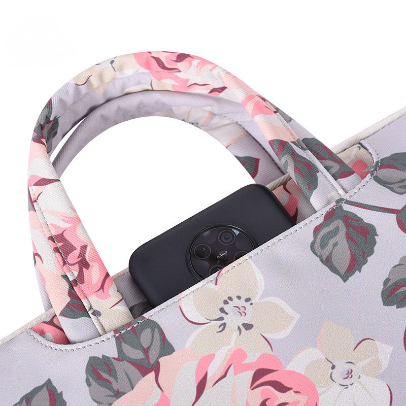 15-inch Portable Handle Laptop Case Rose Pattern Printed Polyester Water Repellent Bag Tablet Notebook Shockproof Case with Outer Pouch - Blue