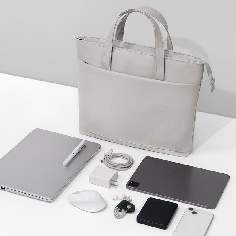 Uniqkart 14 Inch Laptop Handbag Travel Carrying Bag Anti-wear Leather Notebook Computer Protection Sleeve - Apricot