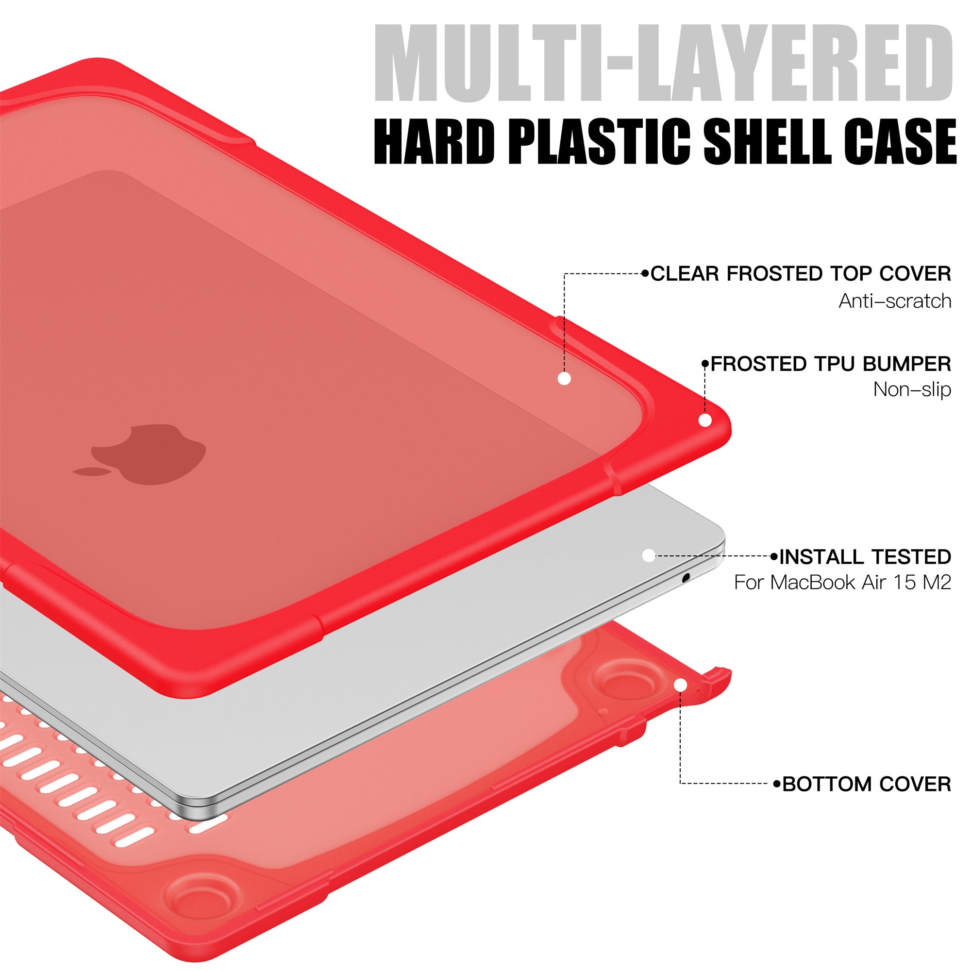 Laptop Case for Macbook Air 15 inch (2023) A2941 , Stand Design Notebook Anti-Scratch Hard PC Cover - Red