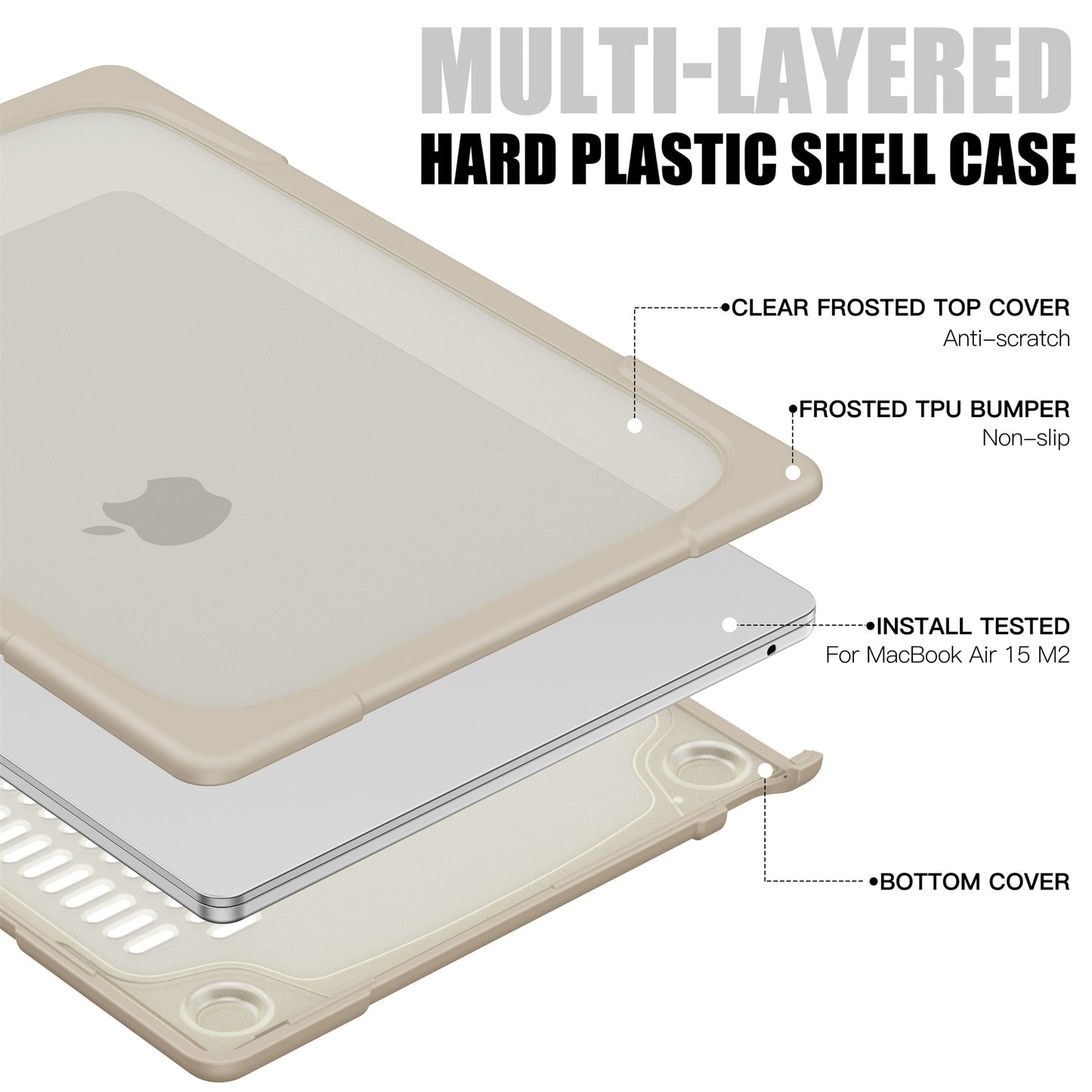 Laptop Case for Macbook Air 15 inch (2023) A2941 , Stand Design Notebook Anti-Scratch Hard PC Cover - Khaki