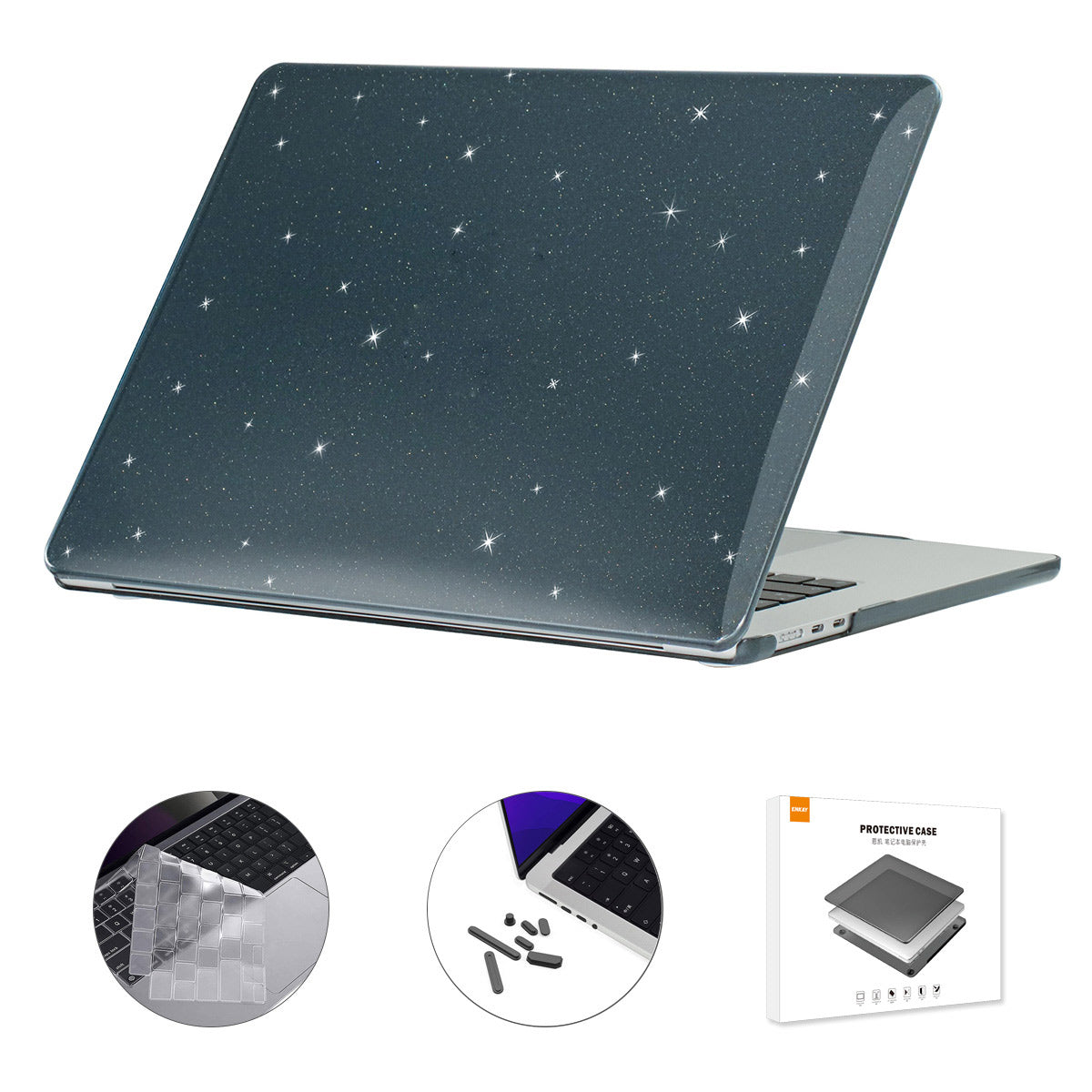 For Macbook Air 15 inch (2023) A2941 (EU Version) Glitter PC Laptop Case with TPU Keyboard Film + Dust-Proof Plugs - Black