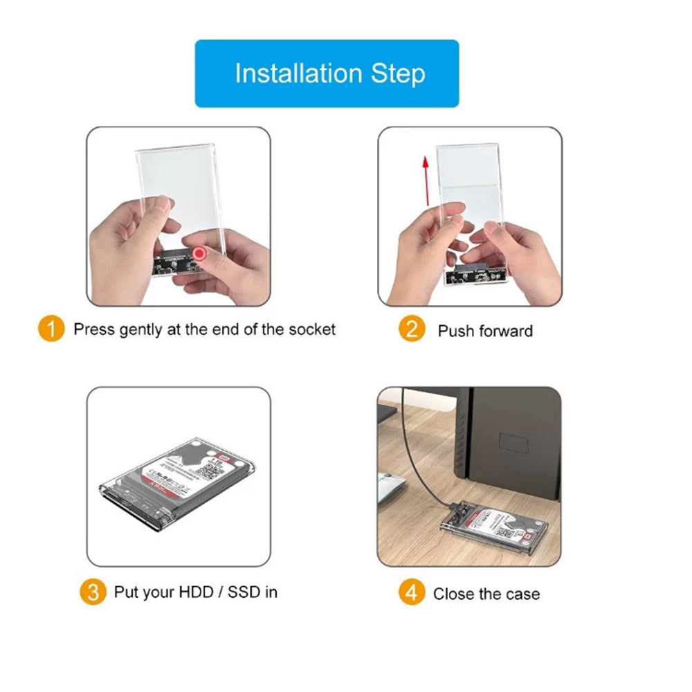 2.5inch External Hard Drive Enclosure USB 3.0 to SATA Clear Hard Disk Case for Mac OS and Windows, Supporting Max 6TB