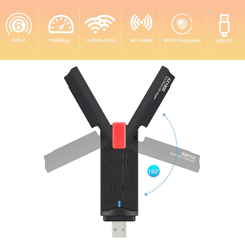 AX1800 WiFi 6 Dual Band 2.4G / 5GHz Wireless Dongle Network Card USB 3.0 WiFi6 Adapter for Windows 7 / 8 / 10 / 11
