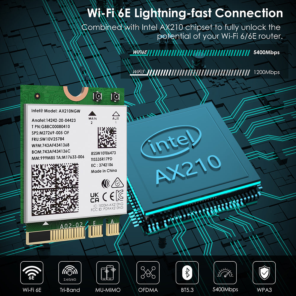 Uniqkart WS-WN675X3M-A Blutooth 5.2 5400Mbps Network Adapter 2.4GHz / 5GHz / 6GHz Tri-Band Wi-Fi 6E Network Card Module for Laptop