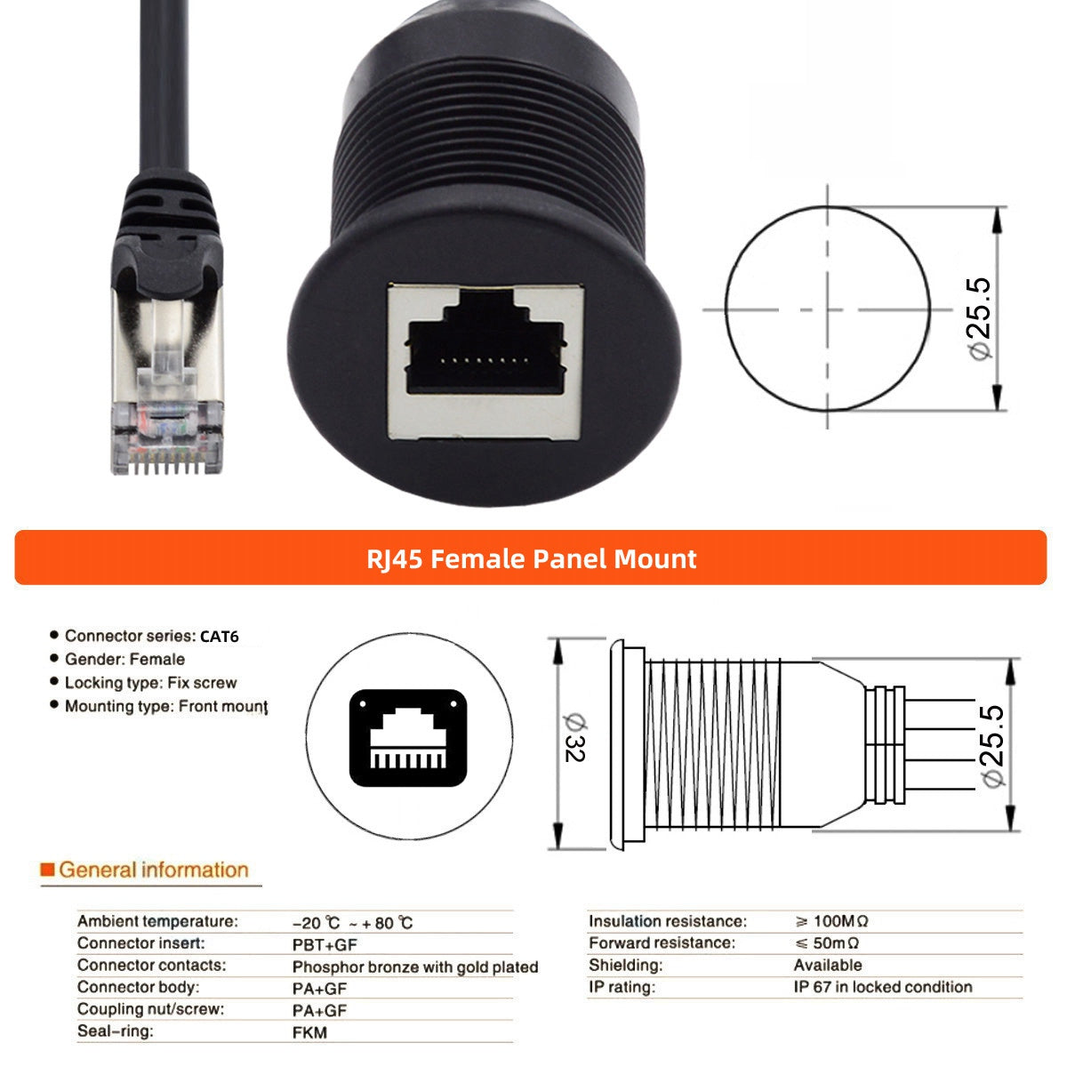 UT-017-1.0M 1m Waterproof CAT6 RJ45 Male to Female LAN Ethernet Network Extension Cable Car Panel Mount Design Connection Cord