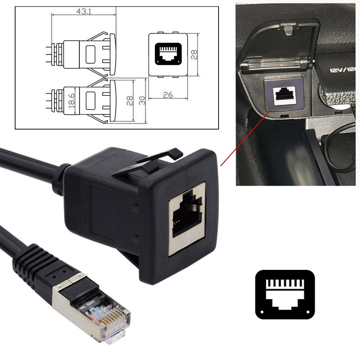 UT-016-1.0M 1m Waterproof Latch Locking CAT6 RJ45 Male to Female Car Panel Mount Design Lan Ethernet Network Extension Cable