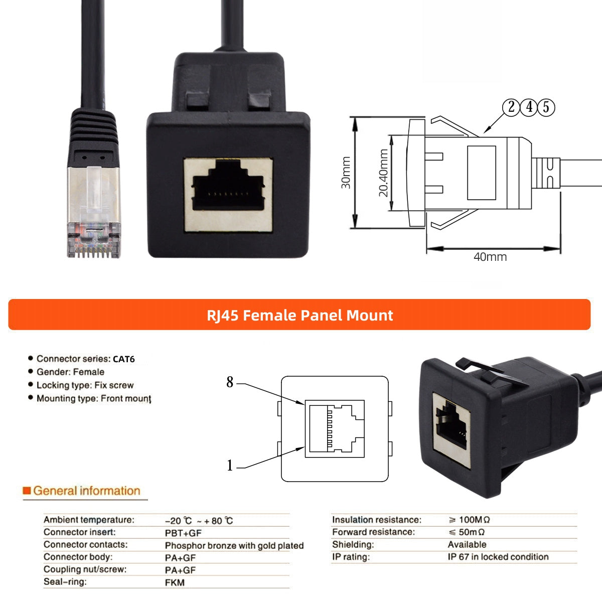 UT-016-1.0M 1m Waterproof Latch Locking CAT6 RJ45 Male to Female Car Panel Mount Design Lan Ethernet Network Extension Cable