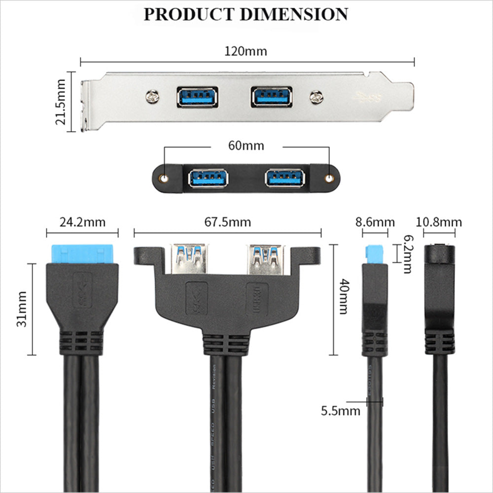 2 Port USB3.0 Hub 20Pin Header to Female F/2AF PCI Adapter Rear Panel Cable Extension PC Motherboard Parts (0.5m) - Black