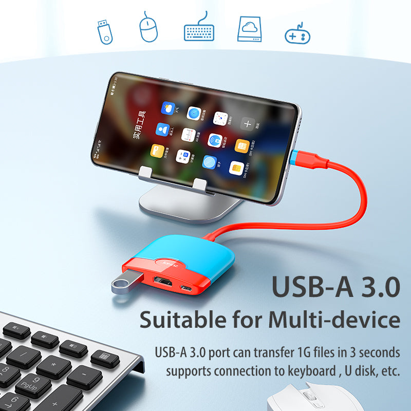 JASOZ H106 3-in-1 Type-C Hub HDMI PD USB3.0 Adapter Dock Station for Nintend Switch - Grey