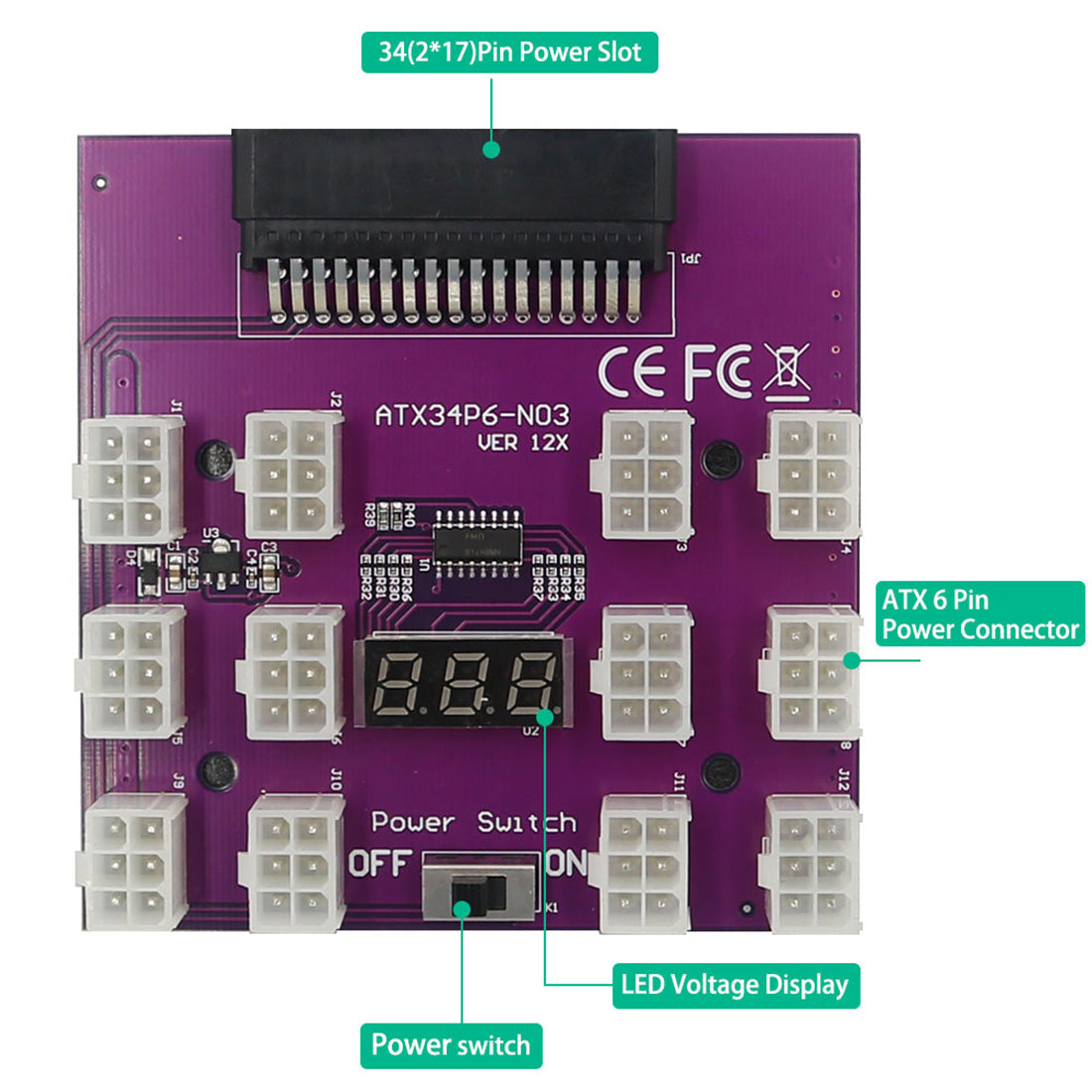 Power Breakout Board Adapter 12-port 12V PSU Server Breakout Board with 12 ATX 6-pin Power Connector/LED Display