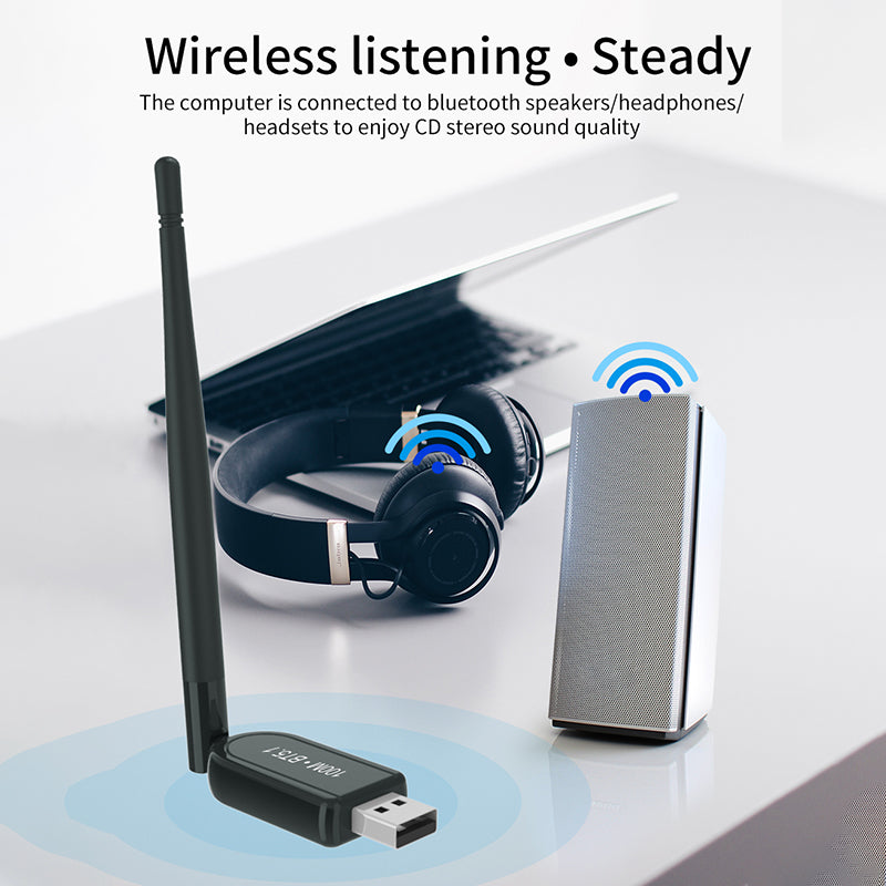 100m Bluetooth 5.1 Transmitter Stable Data Transfer Wireless USB Adapter with 2dBi High Gain Antenna