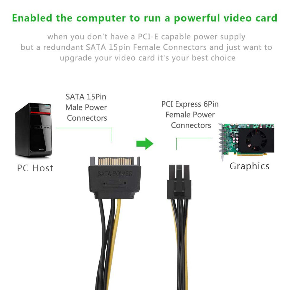 Uniqkart 50943 0.2m SATA Power Cable SATA 15-pin to 6-pin PCI Express Graphics Card Power Cable Supports ATI/Nvidia Graphics Cards