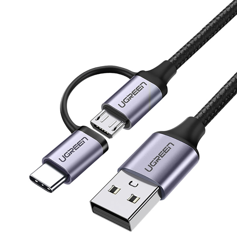 Uniqkart 30875 1m 2 in 1 USB Cable 3A Fast Charging Cord USB2.0 to Micro USB + Type-C Data Cable Aluminum High-Speed Data Sync Transfer