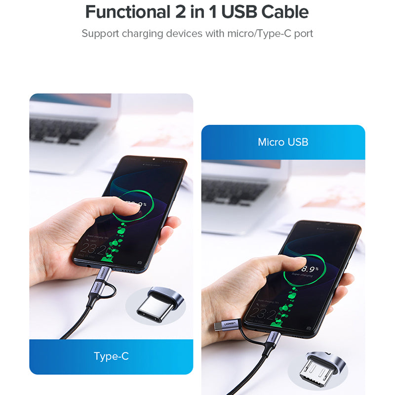 Uniqkart 30875 1m 2 in 1 USB Cable 3A Fast Charging Cord USB2.0 to Micro USB + Type-C Data Cable Aluminum High-Speed Data Sync Transfer
