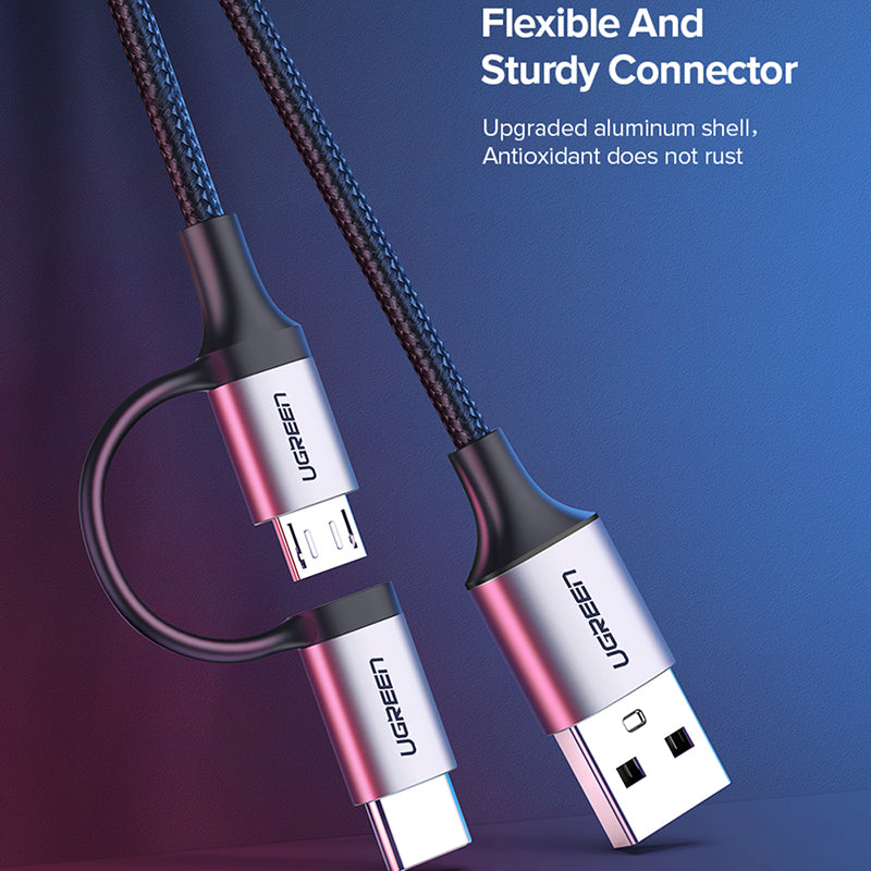 Uniqkart 30875 1m 2 in 1 USB Cable 3A Fast Charging Cord USB2.0 to Micro USB + Type-C Data Cable Aluminum High-Speed Data Sync Transfer