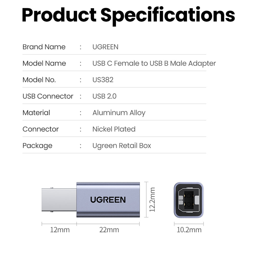 UGREEN 20120 USB 2.0 Type C Printer Adapter USB C Female to USB B Male Converter with Nickel-plated Connector for Printer Hard Drive Base Fax Machine Scanner