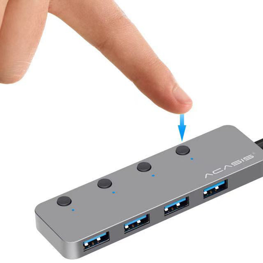 Uniqkart HS080S 0.3m USB to 4 USB Hub Multi-Port USB3.0 Hub Adapter with Buttons Portable Splitter High-Speed 5Gbps Data Transfer