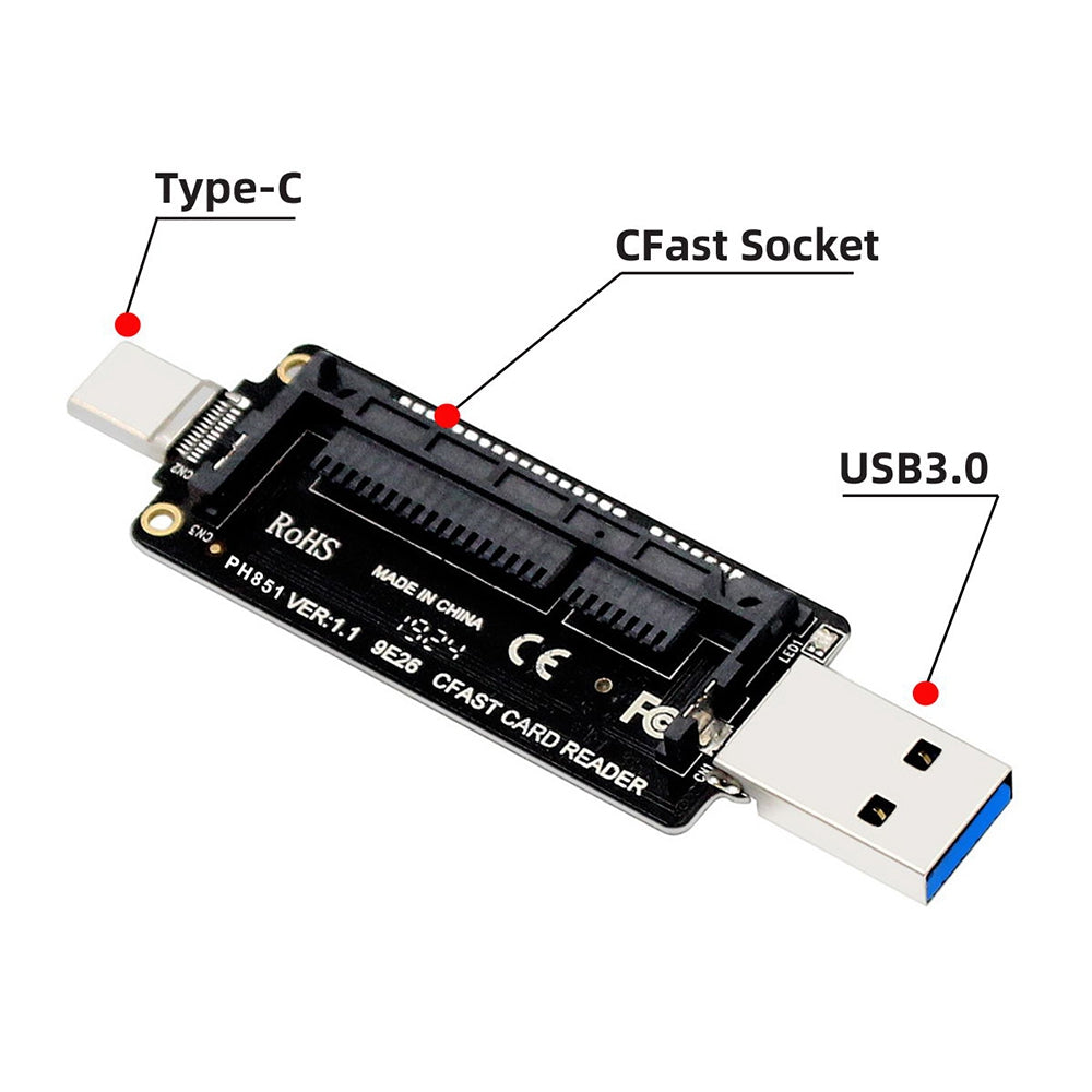 U3-039 USB3.0+USB-C to CFast 2.0 Card Adapter PCBA CFast Card Reader for Desktop Laptop Data Transfer Converter Support 10Gbps High Speed