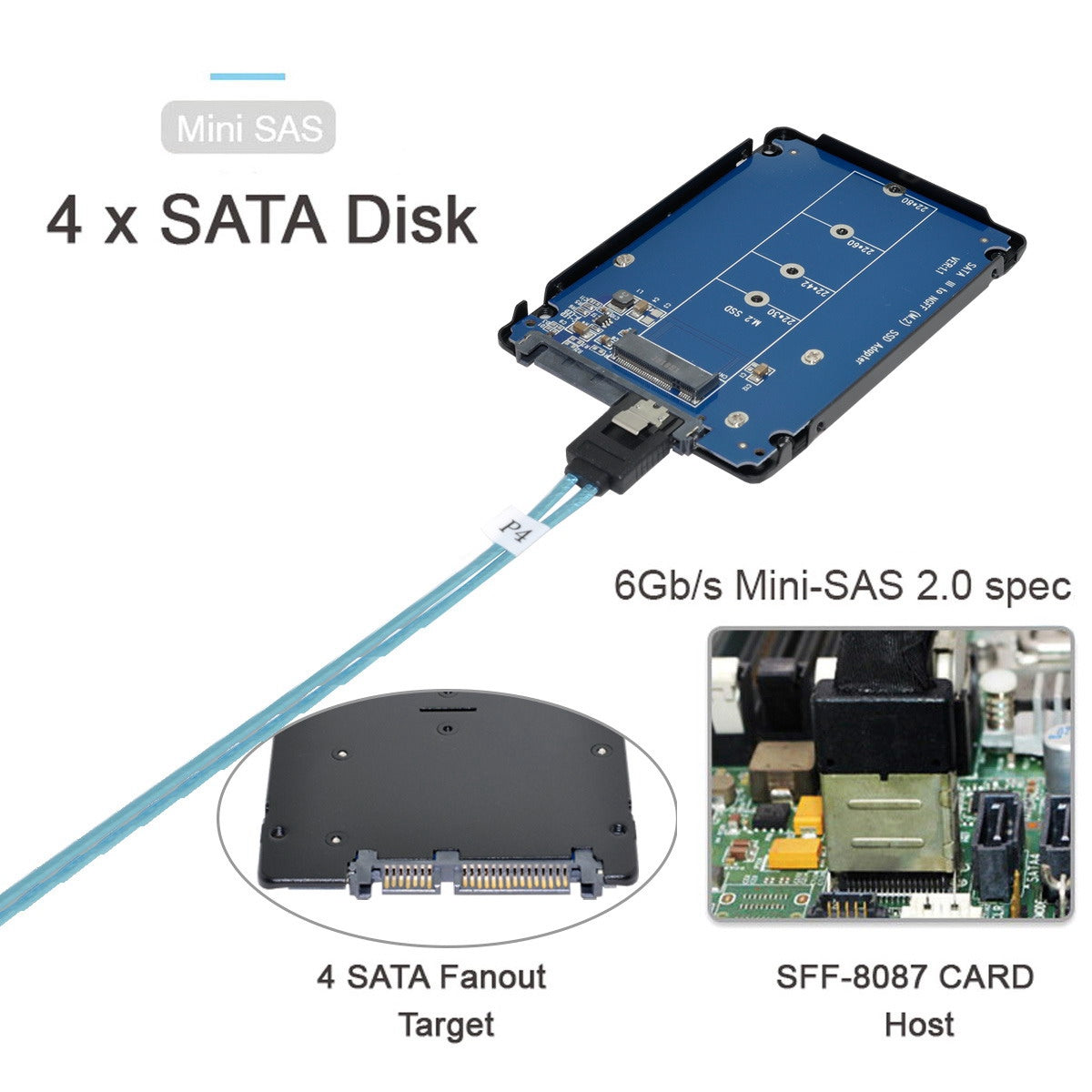 SF-009-0.5M Internal SAS 4 SATA Host to 4 SATA 7-pin Target Hard Disk 6Gbps Data Server Cable