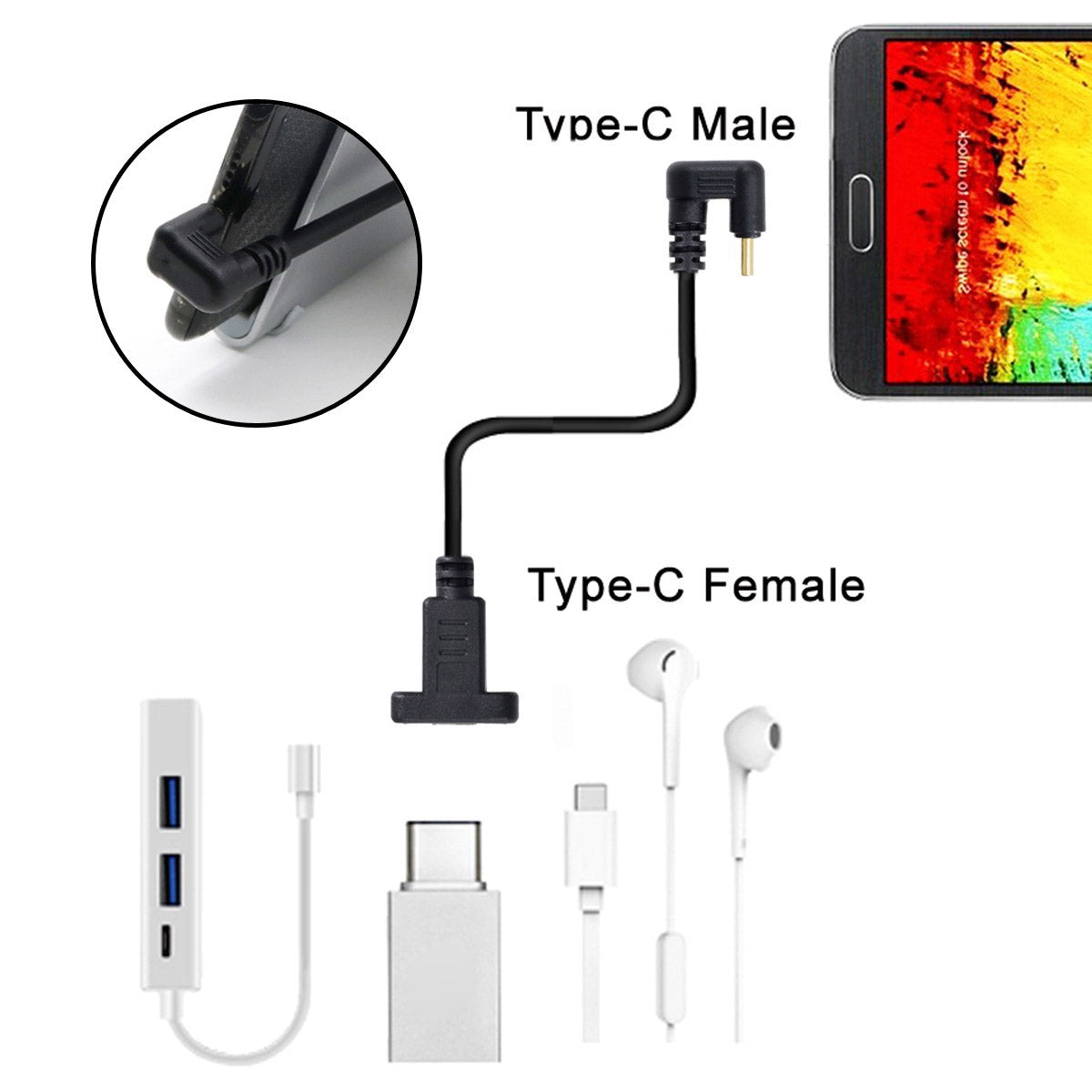 UC-049-OS 0.3m USB-C Cable 180-Degree Elbow Type-C Male to Type-C Female Extension Data Cable Support 10Gbps Transmission