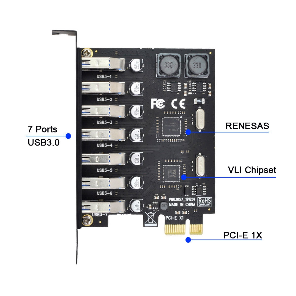 U3-019-7P 7 Ports 5Gbps PCI-E to USB 3.0 HUB PCI Express Expansion Card Adapter with NEC+VLI Dual Chip