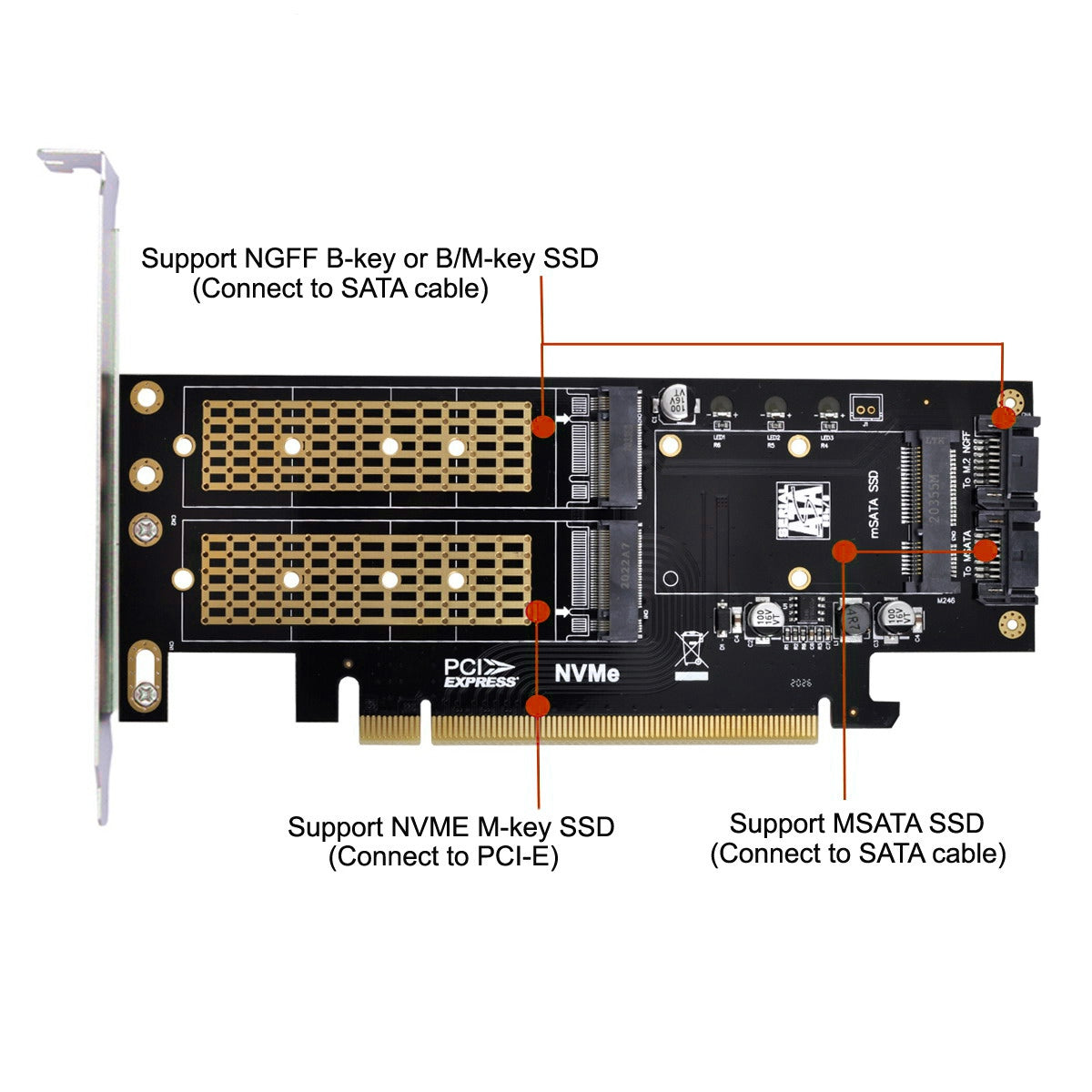 SA-028 3-in-1 PCI Express PCI-E 3.0 + Dual SATA to NGFF NVME mSATA M-Key B/M-key SSD Card Adapter