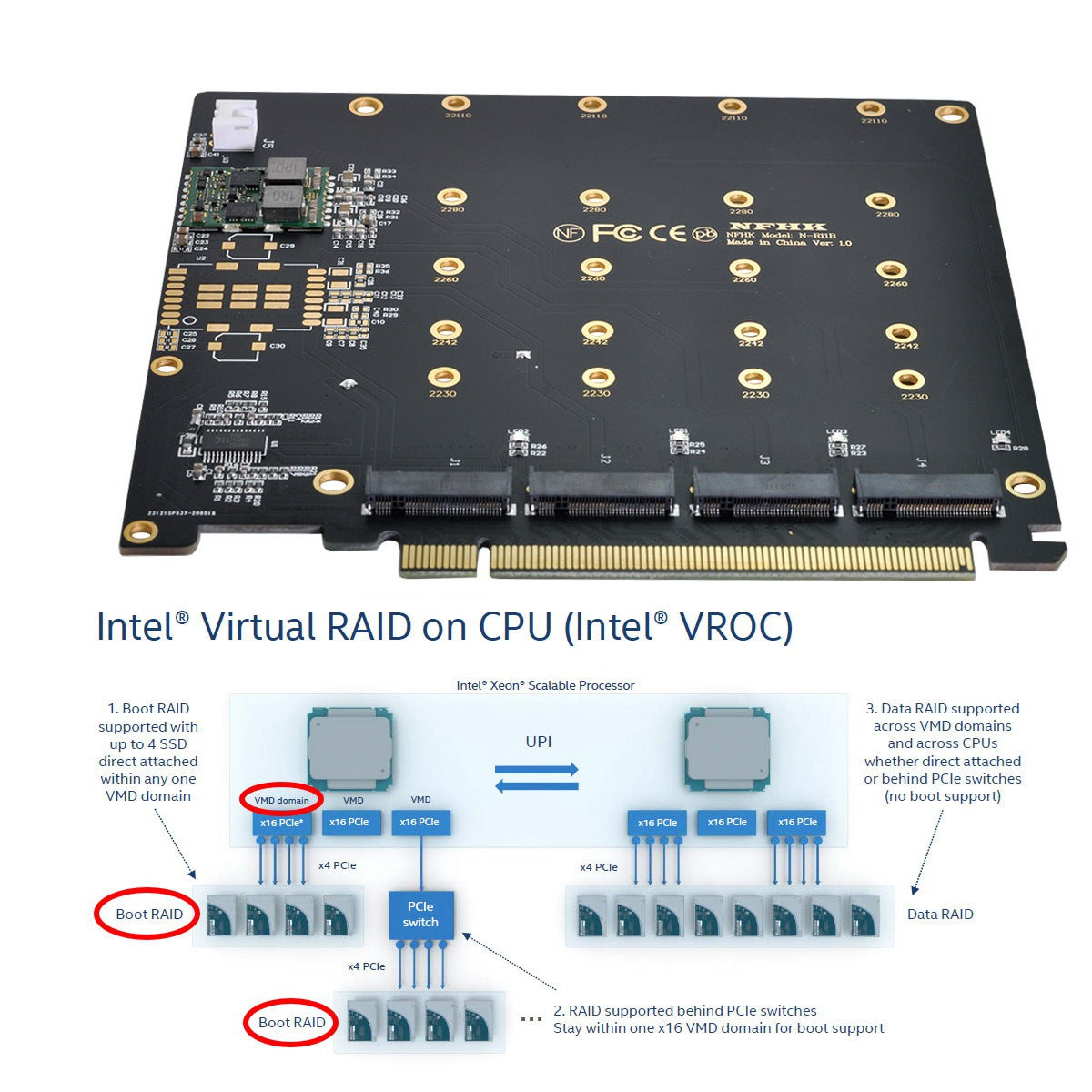 SA-030 4X NVME M.2 AHCI to PCI-E Express 3.0 Gen3 X16 Raid Card with Fan VROC Raid0 Hyper Adapter