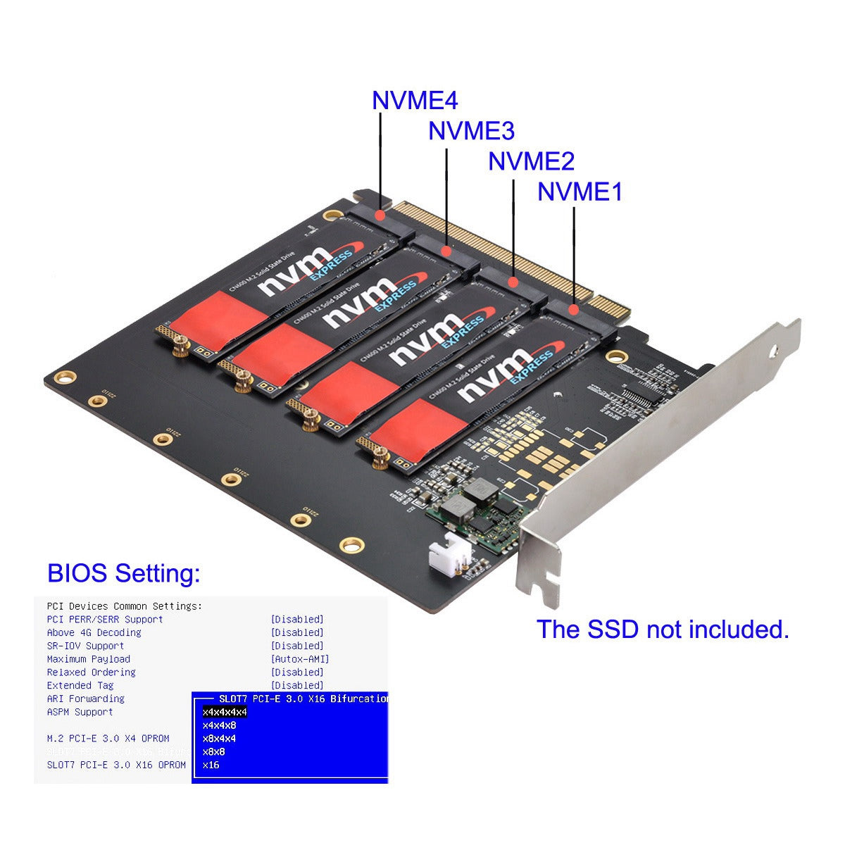 SA-030 4X NVME M.2 AHCI to PCI-E Express 3.0 Gen3 X16 Raid Card with Fan VROC Raid0 Hyper Adapter
