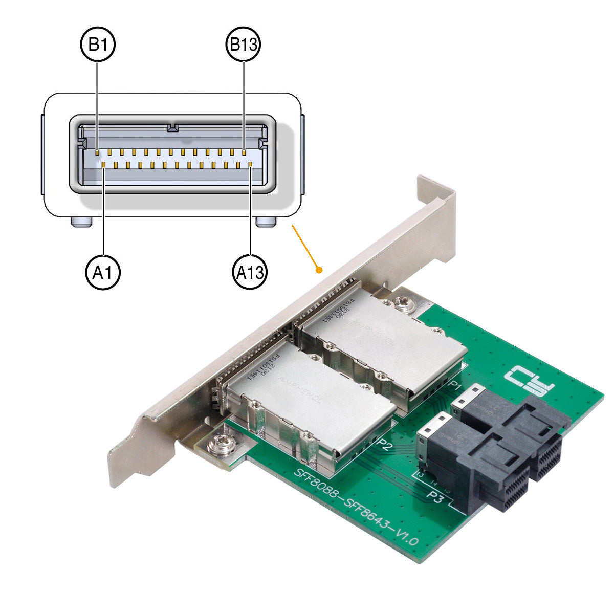 SF-030 Dual Ports Mini SAS SFF-8088 to Internal SAS HD SFF-8643 PCBA Female Adapter with Low Profile Bracket