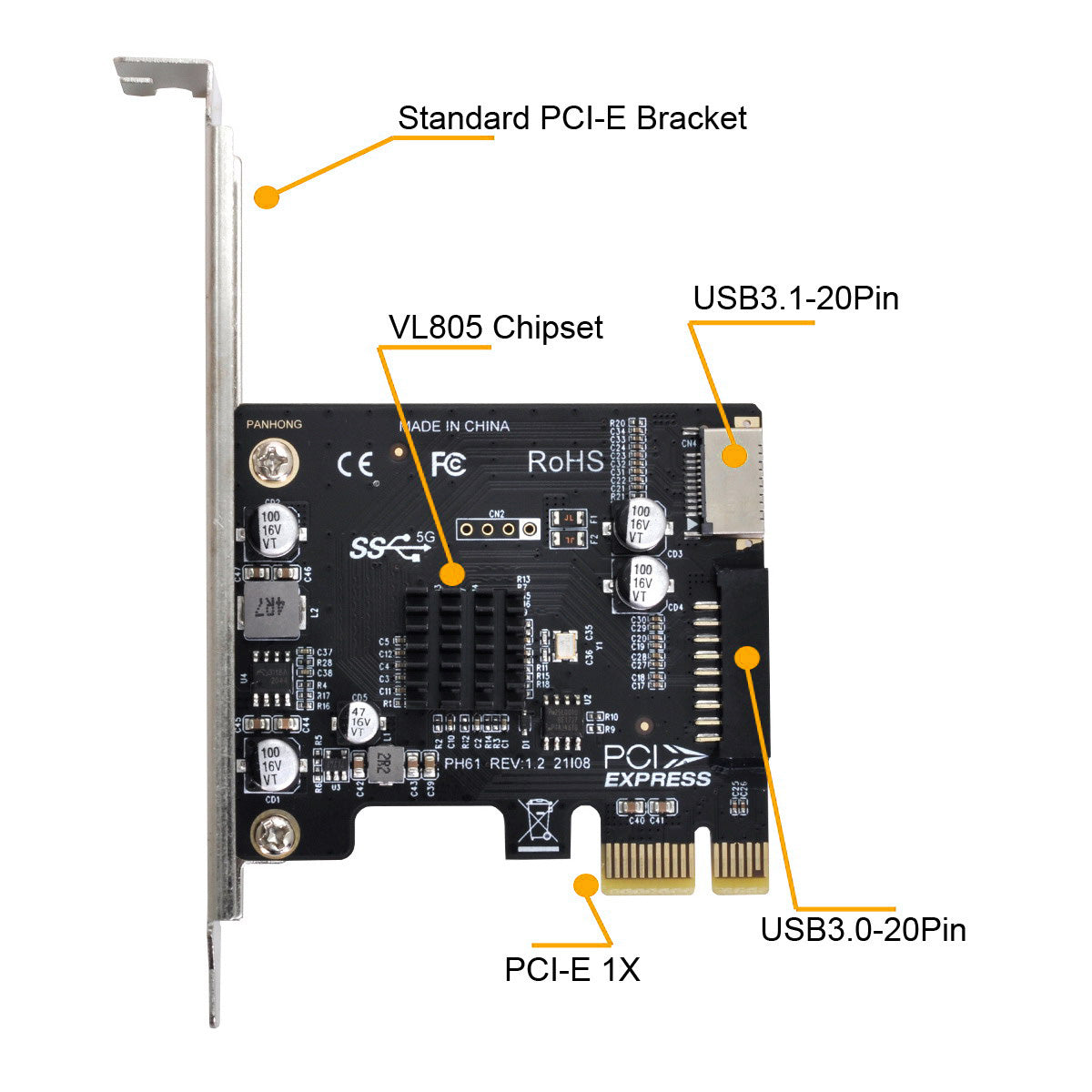 UC-039 Type-E USB 3.1 Front Panel Socket + USB 3.0 20-pin to PCI-E 1X Express Card VL805 Motherboard Adapter
