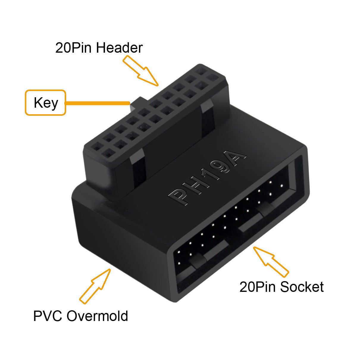 U3-091 PH19A+PH19B 2Pcs USB 3.0 20Pin Male to Female Extension Adapter Up and Down Angled 90 Degree Overmold Converter