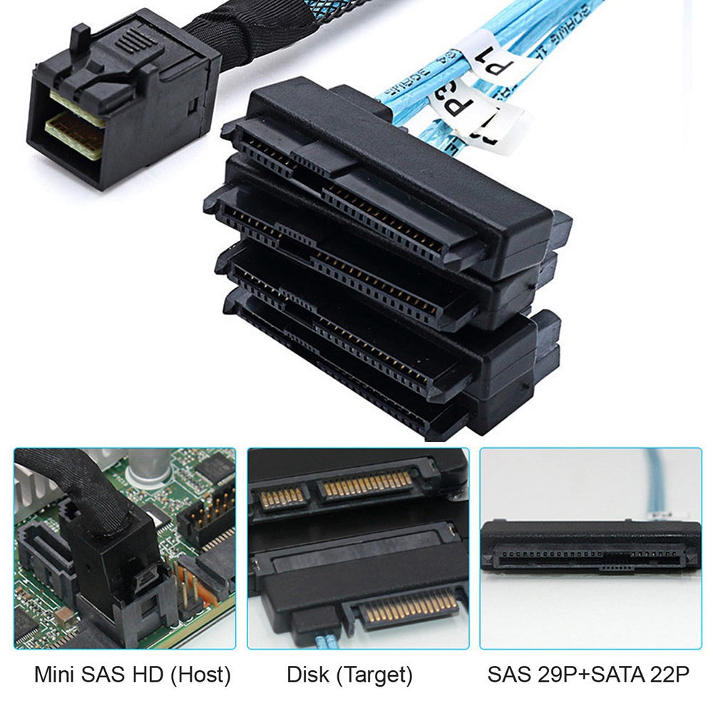 SF-012-0.5M Internal Mini SAS SFF-8643 Host to 4 SAS 29Pin SFF-8482 Target Disk 6Gbps Data Server Cable Adapter