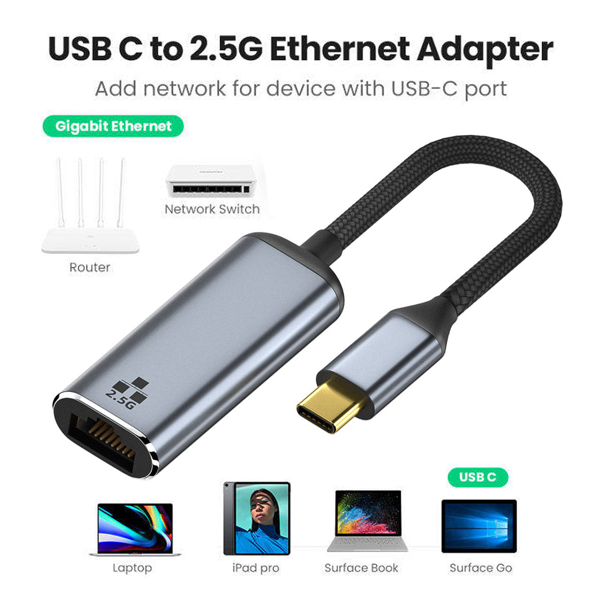 UC-006-GBE USB-C Type-C USB3.1 to 2500Mbps 2.5Gbps GBE Gigabit Ethernet Network LAN Cable Adapter for Laptop