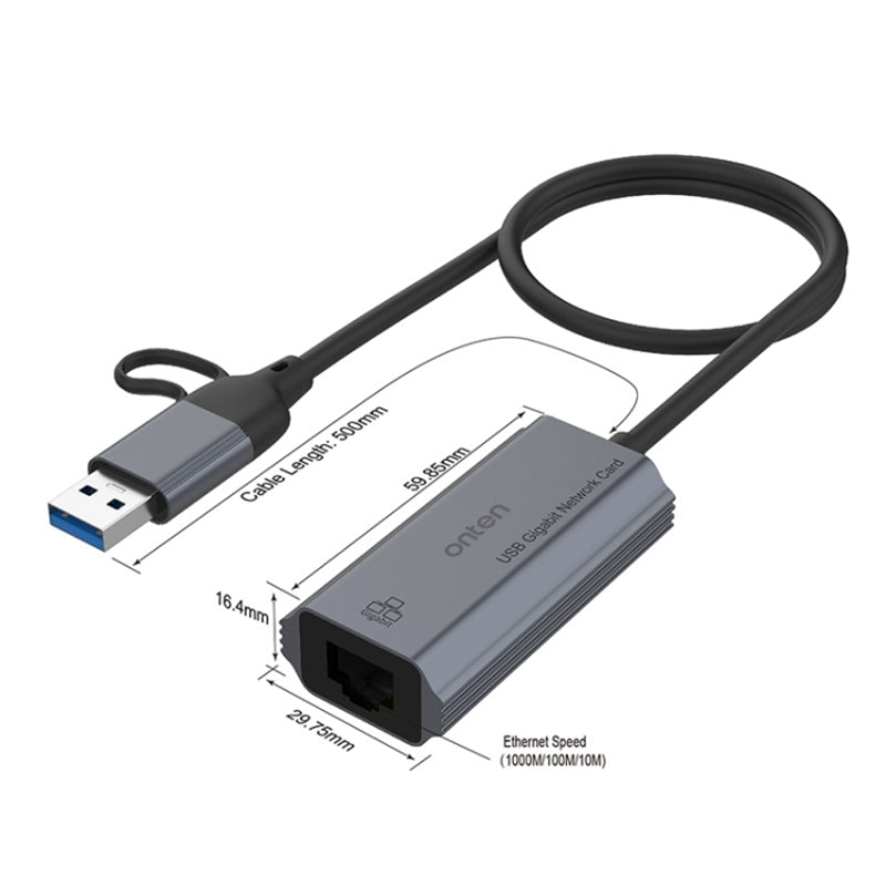 ONTEN UE101 2-in-1 USB 3.0 + USB-C to Gigabit Adapter Portable USB Gigabit Network Card