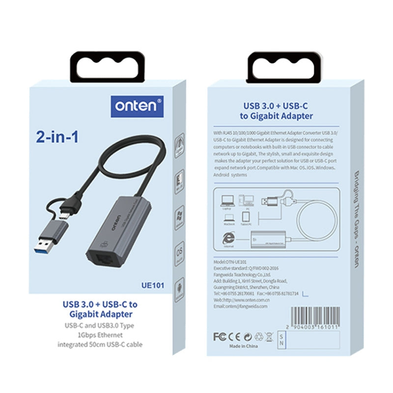 ONTEN UE101 2-in-1 USB 3.0 + USB-C to Gigabit Adapter Portable USB Gigabit Network Card