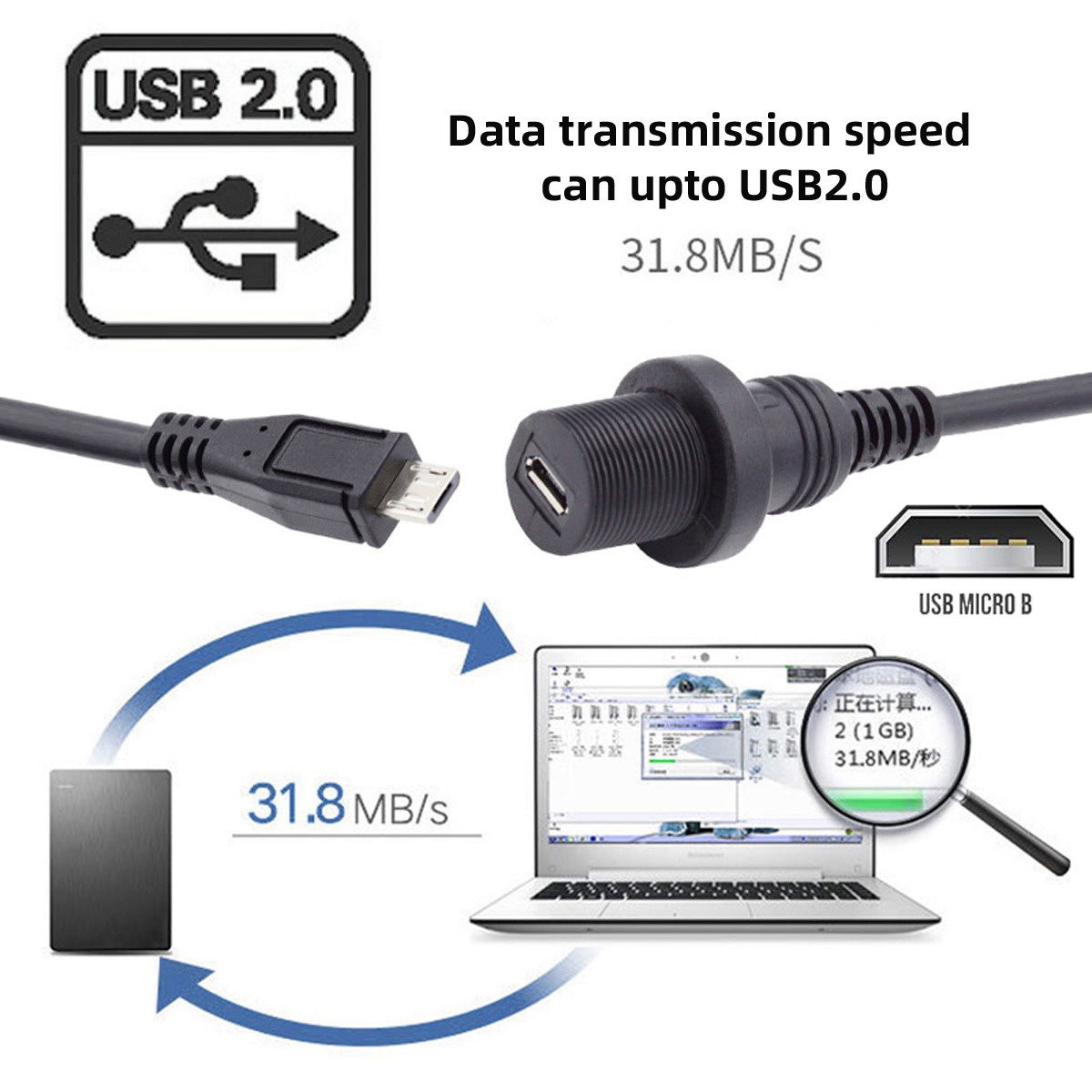 U2-003-1.0M 1m Waterproof 480Mbps Micro USB2.0 5Pin Male to Female Extension Data Power Cable