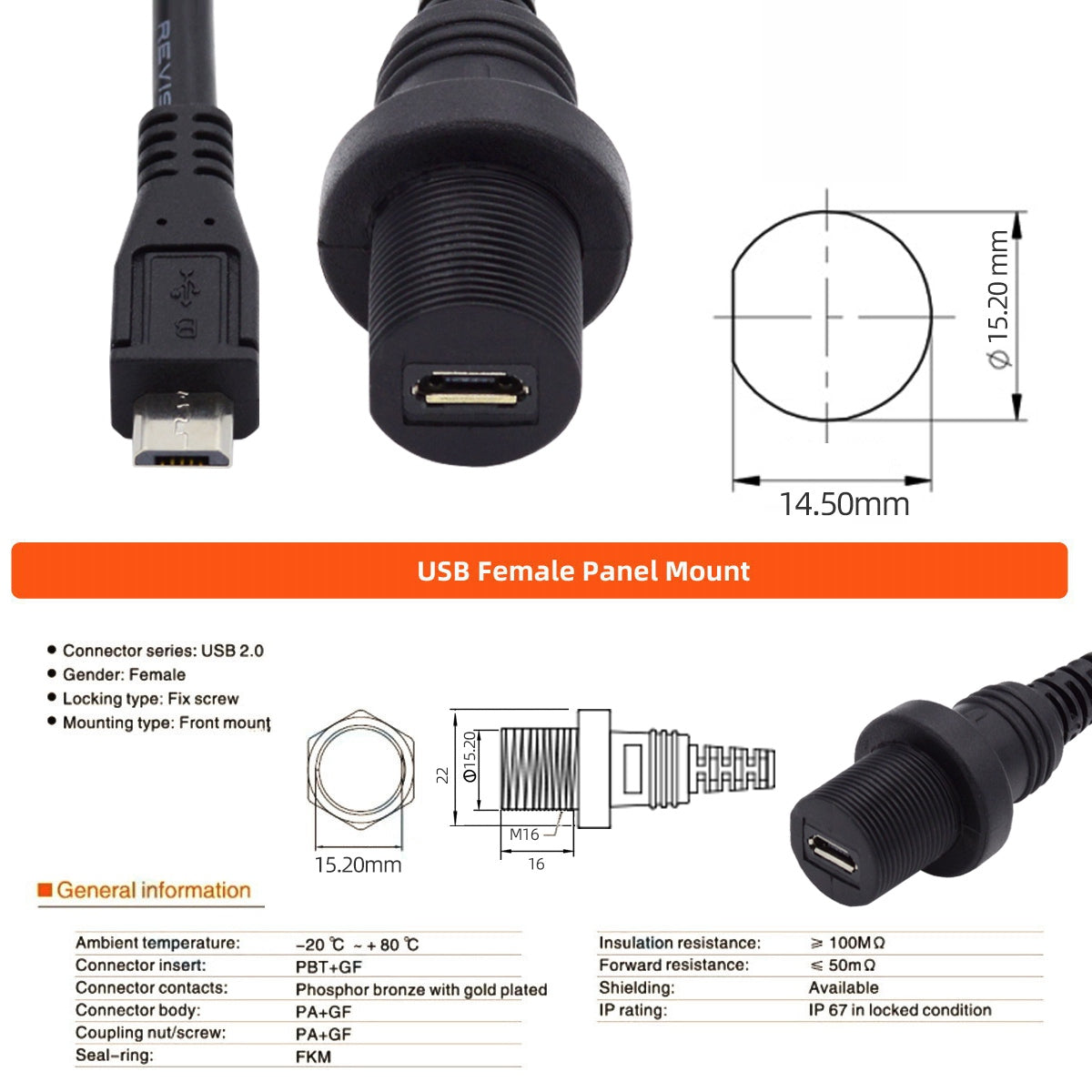 U2-003-1.0M 1m Waterproof 480Mbps Micro USB2.0 5Pin Male to Female Extension Data Power Cable